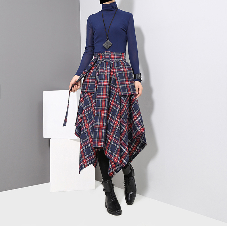 wreeima High Waist Red Plaid Split Joitn Asymmetry Loose Big Hem Halfbody casual Skirt Women Fashion midi Skirt autumn T200113
