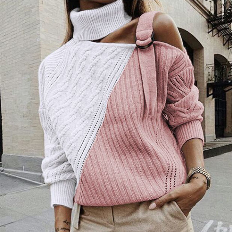 Women's Off Shoulder Turtleneck Sweater Pullovers Hollow Out Knitted Twisted Sweaters Woman 2020 Autumn Winter Pullover Ladies T200101