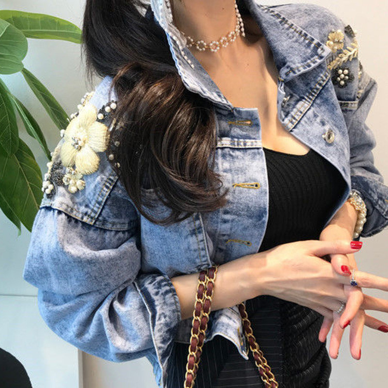 Women Embroidery Butterfly Pearl Bead Short Denim Coat Female Long Sleeve Loose Beading Sequin Jean Jacket Free Shipping 201023