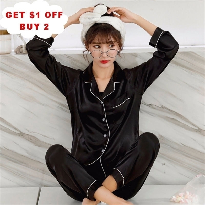Autumn Women Pijama mujer Sleepwear Faux Silk Stain Fabric Pyjama Long Sleeve Plussized Large Size Winter Pajamas Set 201113