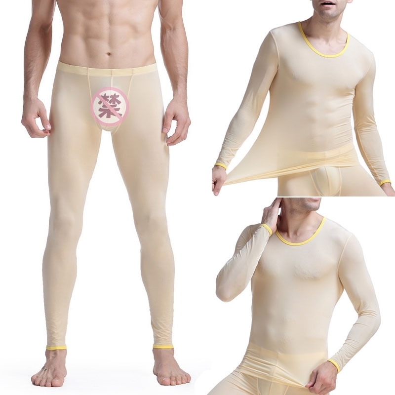 Sexy Male Long Johns Men's Thermal Underwear Sleepwear Ice Silk Lounge Tight Translucent Long Sleeve Undershirt Trousers Set 201023