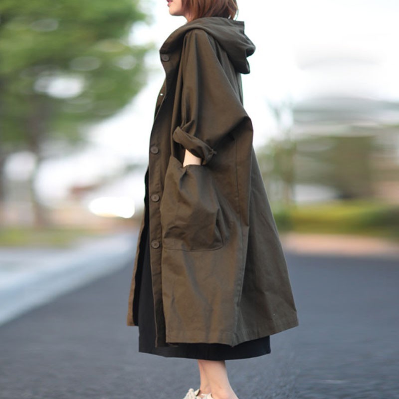Johnature Autumn New Loose Plus Size Hooded Single Breasted Windbreaker Simple Casual Solid Color All-match Women Long Coat 201211