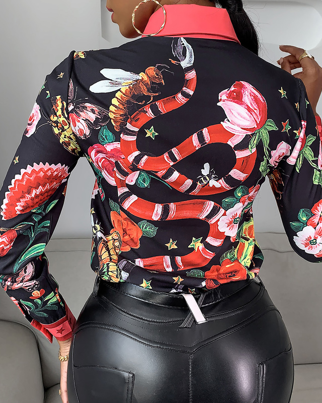 Women Casual Autumn Turn-down Collar Chic Chiffon Blouse Tie Neck Floral Long Sleeve Ladies Shirt 220308