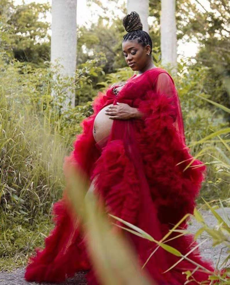 Red Maternity Undergarments Luxury Ruffles Long Sleeves Wedding Sleepwear Bathrobes Nightgowns Tiered Skirts Robes Women Dress Kimono