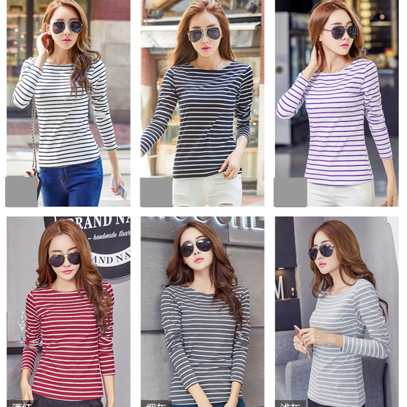 Soperwillton Cotton T-shirt Women 2022 Autumn Long Sleeve O-Neck Striped Female T-Shirt White Casual Basic Classic Tops #620 220226