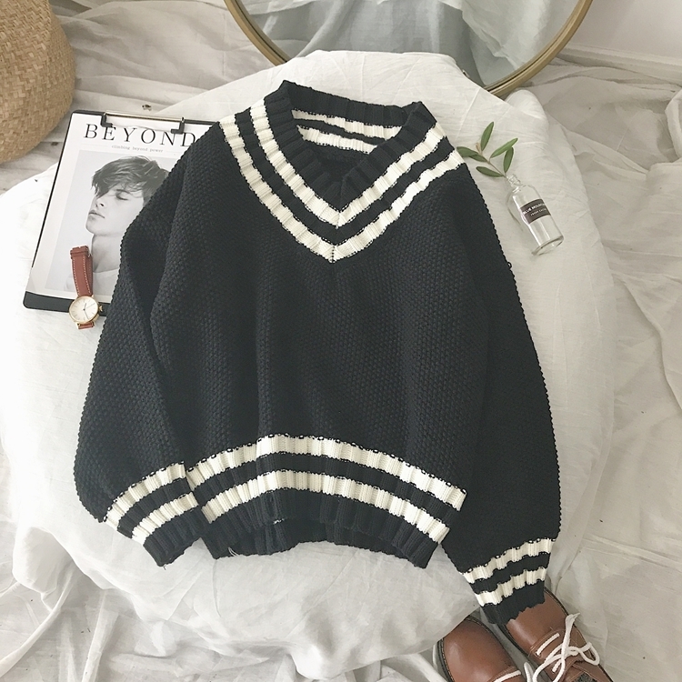 Autumn V-neck Sweater Women Vintage Jumper Blue Knitted Striped Sweaters For Women White Harajuku Sweater Pullover Winter Warm 201109