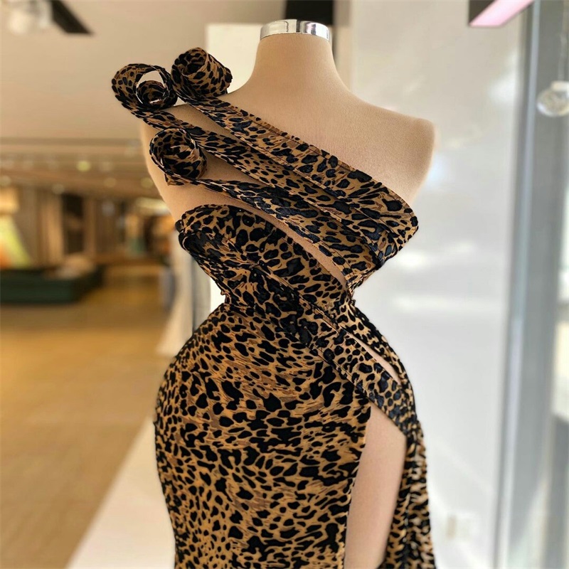 Leopard Custom Made Evening Dresses Sexy Side Split Modern Fashion Designer Formal Prom Dresses One Shoulder Robe de soirée Party Dresses
