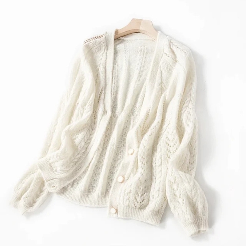 Four Kind Color Women Mohair Knit Sweater V-neck Hollow out Long Puff Sleeve Loose Cardigan Single Breasted Knitwear Coat New 201111wtt