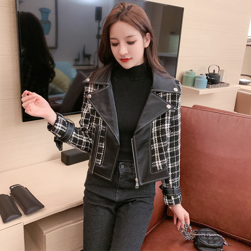 Wild Xiao Xiangfeng was thin tweed stitching PU leather handsome Korean coat motorcycle jacket female tide 201023