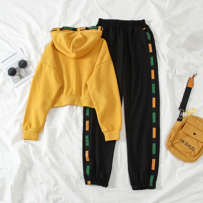 Casual Tracksuit Women's Yellow Hoodies and Harun Pants Two piece Sports Suit Female New Letter Print Casual Student Sets LJ201012