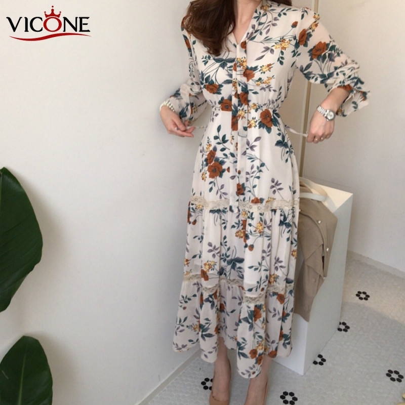 VICONE Chic Retro Women Summer Dress Casual Long Sleeve Boho Floral Print Dress Bandage Elegant Dresses T200619
