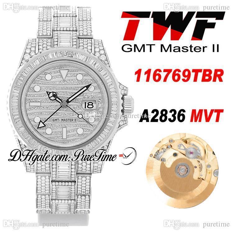 TWF GMT Paved Diamonds A2836 Automatic Mens Watch 116769TBR Iced Out Baguette Diamond 904L OysterSteel Bracelet Jewelry Watches Super Edition Puretime F02a1, Custom warranty card
TWF GMT Paved Diamonds A2836 Automatic Mens Watch 116769TBR Iced Out Baguette Diamond 904L OysterSteel Bracelet Jewelry Watches Super Edition Puretime F02a1, Custom warranty card