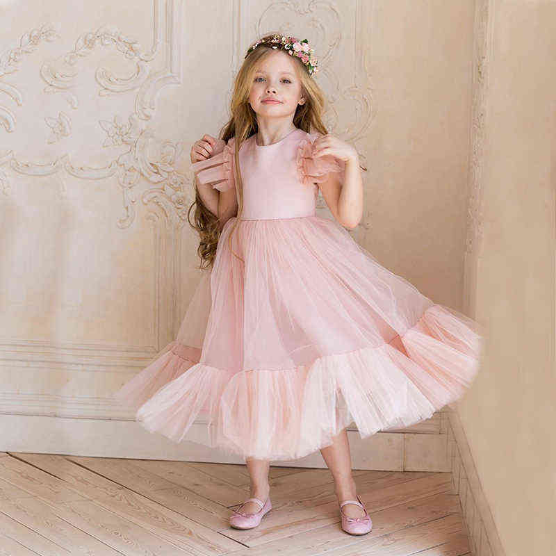 Flower Girl Dress Children Bridemaid Wedding Dresses For Kids Pink Tulle Gowns 2022 New Girls Boutique Party Wear Elegant Frocks W220314