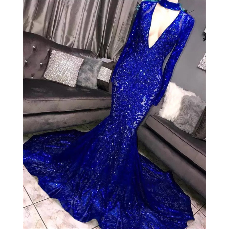 Royal Blue Red 2022 Gorgeous Bling Sequins Prom Dresses Mermaid Long Sleeves V Neck Evening Dress Women Elegant Party Gowns