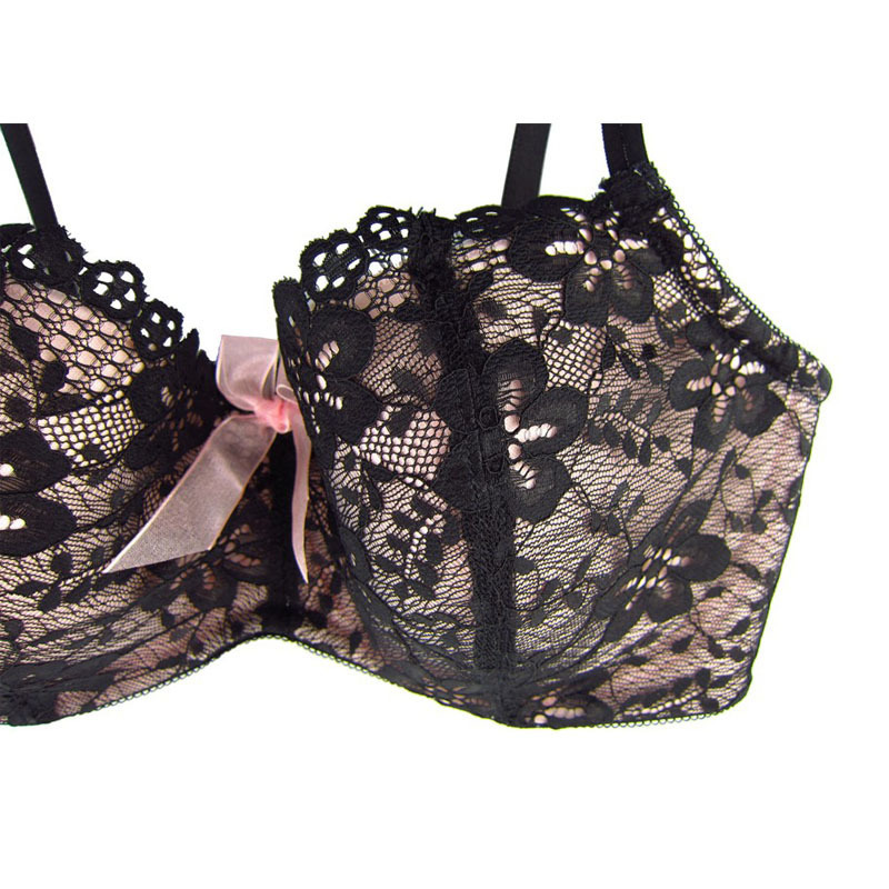 Women Bra Sexy Black Color Lace+Pink Bow Push Up Bra Plus Size B C D DD DDD E F G 30 32 34 36 38 40 High Quality NO. SR7613 201202