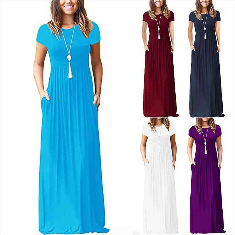 classic fashion women youth series dress casual o-neck summer short sleeve soild loose pockets long dress beach holiday, Black;gray
classic fashion women youth series dress casual o-neck summer short sleeve soild loose pockets long dress beach holiday, Black;gray
