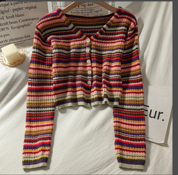 Ggarich Cardigan Women Autumn Outdoor Long-Sleeved Spring Autumn Short Slim V-neck Sweet Rainbow Striped Sweaters 201029