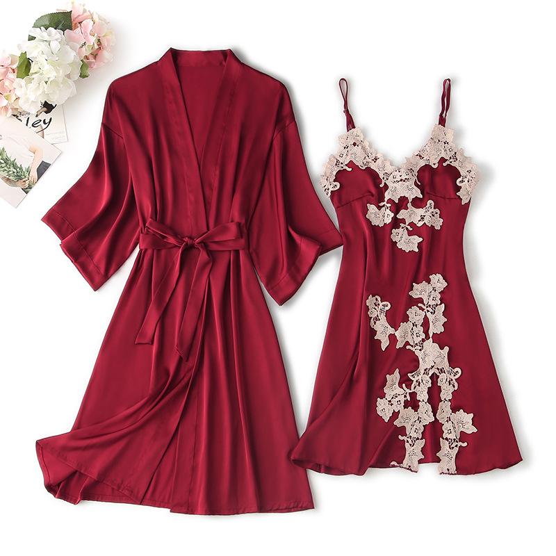 Burgundy Women 2PCS Kimono Robe Gown Set Sexy V-Neck Strap Top Sleepwear Spring Summer Loose Flower Faux Silk Nightwear, Blue
Burgundy Women 2PCS Kimono Robe Gown Set Sexy V-Neck Strap Top Sleepwear Spring Summer Loose Flower Faux Silk Nightwear, Blue