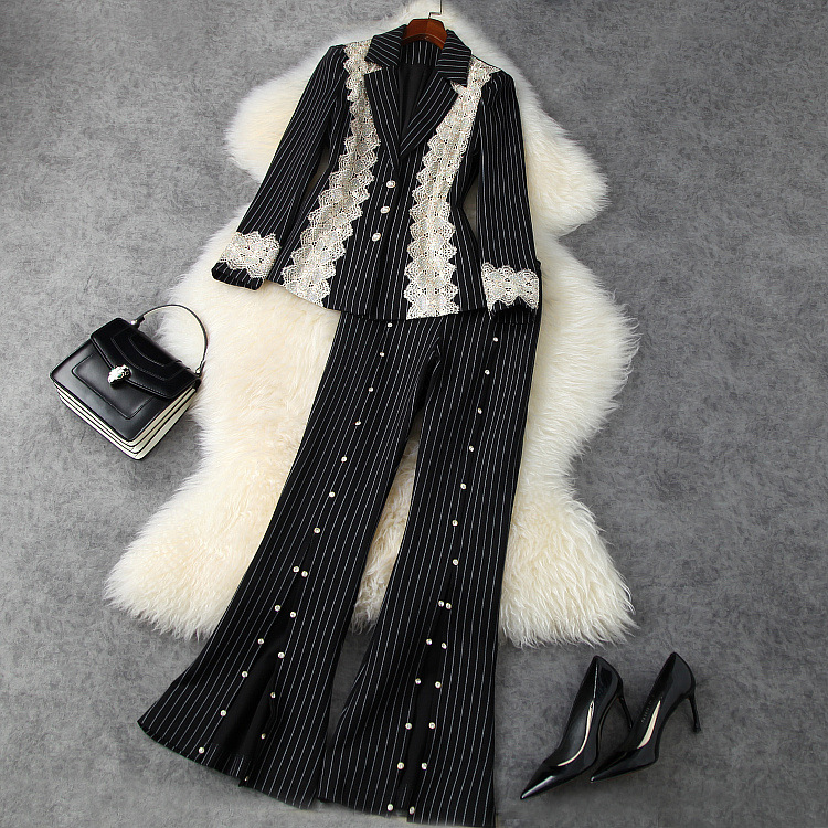 European and American women's wear 2020 winter new style Long sleeve embroidery ironing drill coat Flared trousers striped suit, Black
European and American women's wear 2020 winter new style Long sleeve embroidery ironing drill coat Flared trousers striped suit, Black