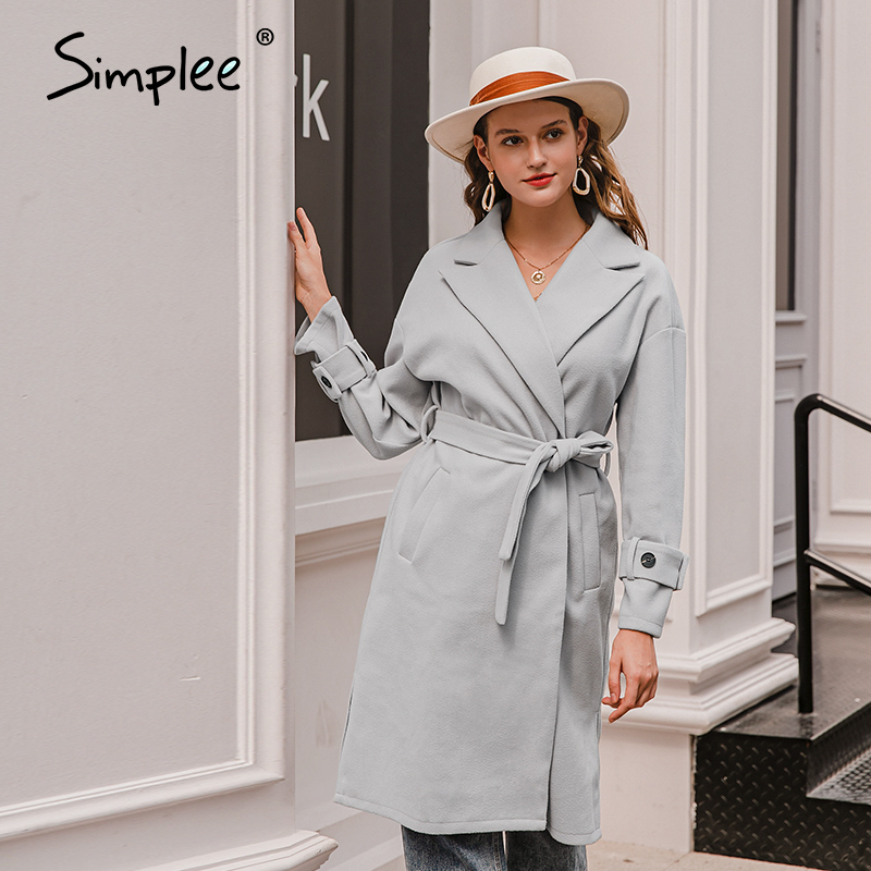Simplee Elegant light grey autumn winter female long coat Office ladies wool blend overcoat Causal pocket fashion coat jacket 201216