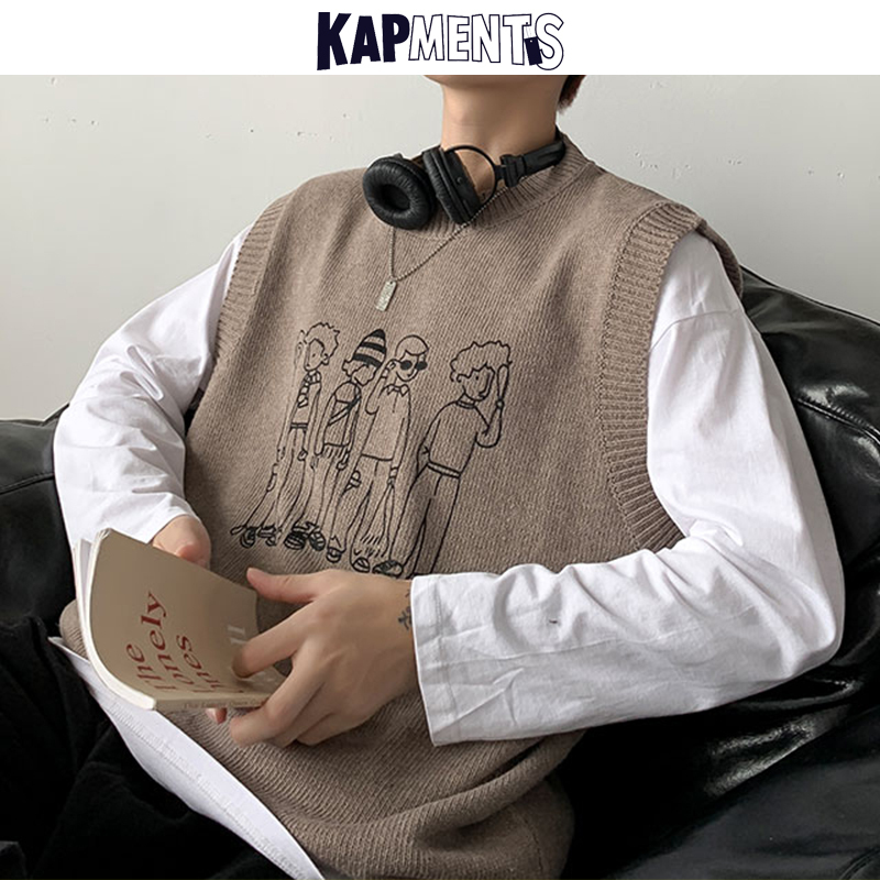 KAPMENTS Men Cartoon Harajuku Sweater Vest Winter Mens Japanese Streetwear Knitted Sweaters Male Loose Vintage Knitted Vest 201125