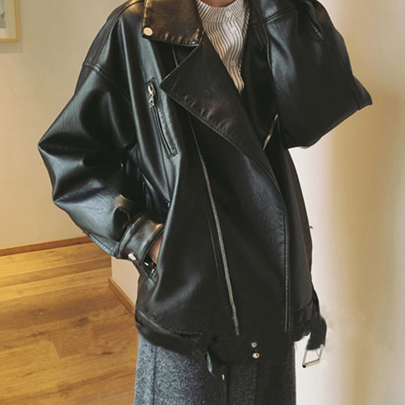 Bella philosophy Loose PU Faux Leather Jacket Women Classic Moto Biker Jacket Autumn Lady Basic Coat Fashion Black Outerwear 201026