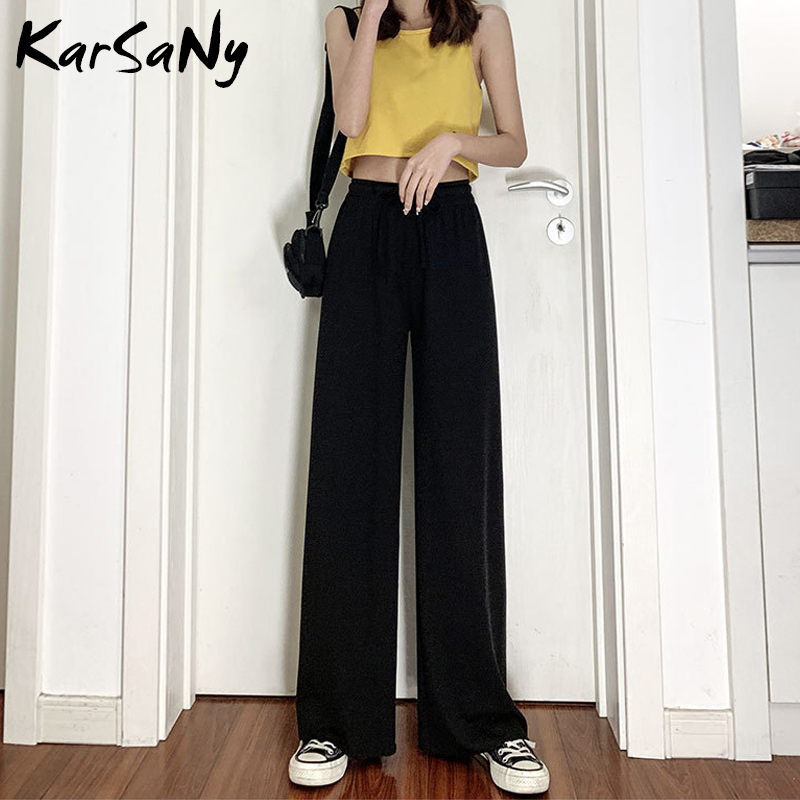 Summer Women Pants Wide Leg Trousers Ladies Thin Lace Up High Waist Loose For Ice Silk Pant Femme 201109