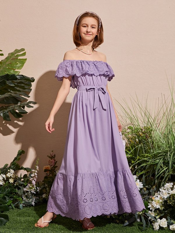 Teen Girls Schiffy Ruffle Detail Off Shoulder Belted Dress SHE