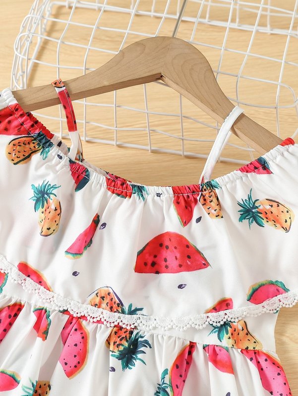 Toddler Girls Watermelon & Pineapple Print Guipure Lace Trim Cold Shoulder Dress SHE01