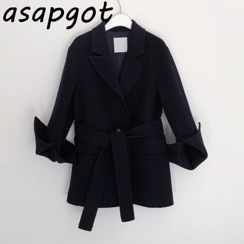 Elegant Temperament Waist Lace Up Slim Vintage Casual Woolen Loose Casual Thick Lapel Long Sleeve Jackets Women Winter Coat Belt 201112