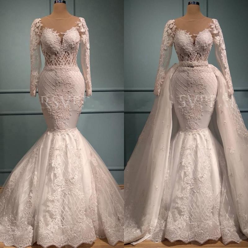Luxury Lace applique Mermaid Wedding Dresses Sheer Long Sleeve Satin White Detachable Train African Wedding Bridal Gowns