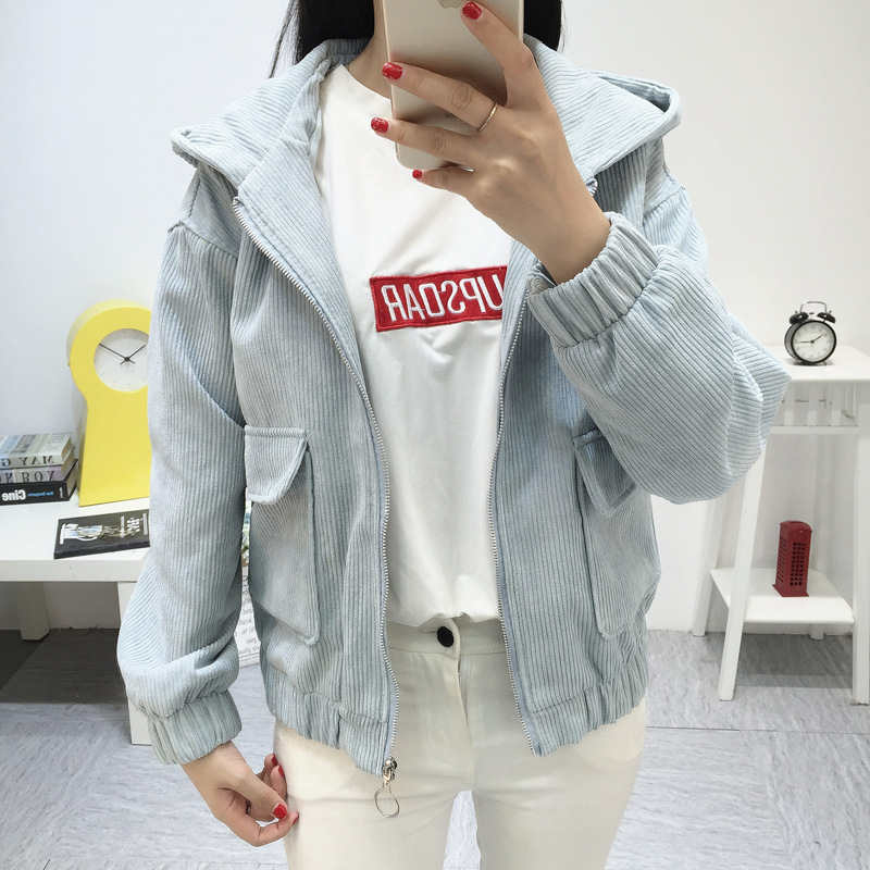 Women Hooded Corduroy Jacket 2019 Spring Fashion Long Sleeve Casual Jacket Coat Women Basic Loose Short Jacket Female Outerwear T200319