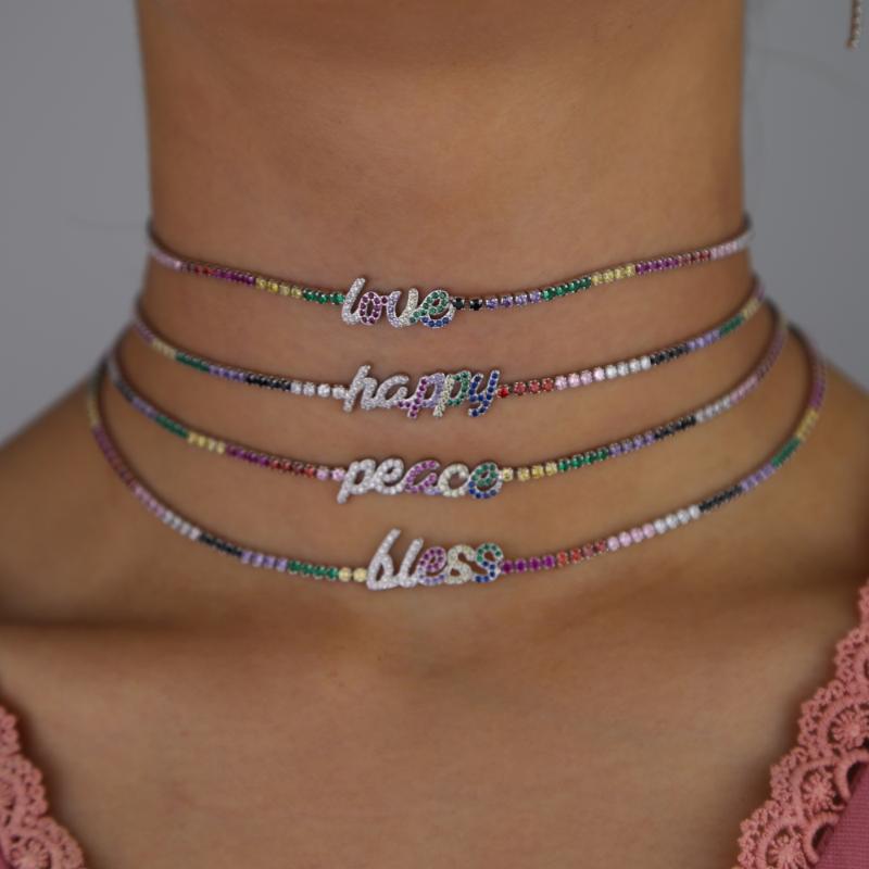 Tiny colorful cz tennis chain choker with letter peace love hope bless charm paved wedding necklace for festival party jewelry
Tiny colorful cz tennis chain choker with letter peace love hope bless charm paved wedding necklace for festival party jewelry