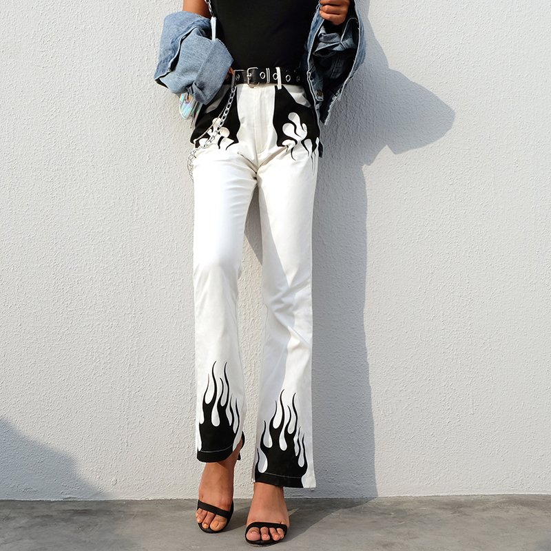Rapwriter Casual Panelled Flame Print High Waist Long Flare White Pant Women Bottoms Harajuku Slim Fitness Fire Trousers Pocket 201106