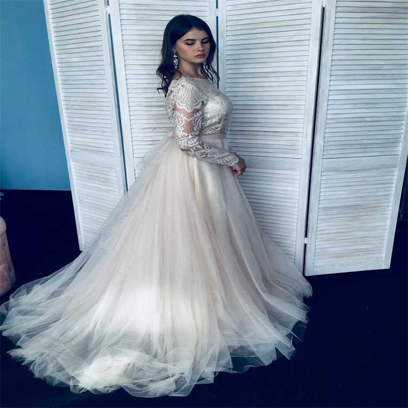 Gorgeous Beach Wedding Dresses A Line Jewel Long Sleeves Cheap Custom Made Lace Applique Ruched Tulle Bohemian Bridal Gowns Robe De Mariée