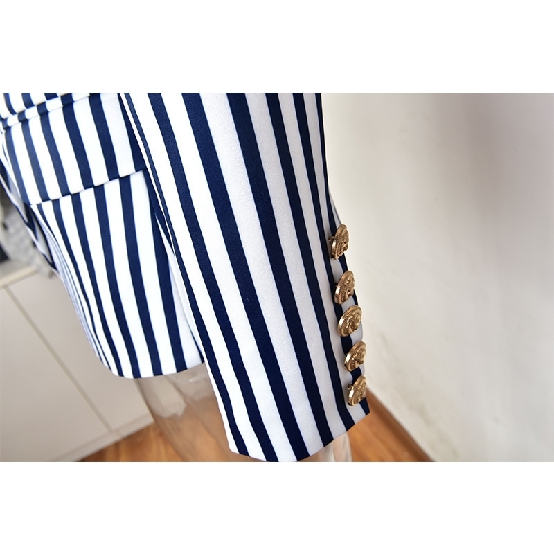 PYJTRL Women Autumn Winter Double-breasted Classic Striped Slim Suit Jacket Navy Blue Black Fashion Street-Wear Printed Blazers 201106