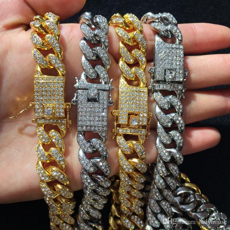 Hip Hop Bling Fashion Jewelry Iced Out Chain Necklace Gold Sier Miami Cuban Link Chains for Cool Men Women Free shipping
