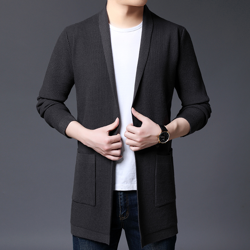 Autumn Winter Cardigan Men Fashion Slim Fit Knitted Sweater Men Big Pocket Decor V Neck Men Casual Long Sweaters 5Color 201224