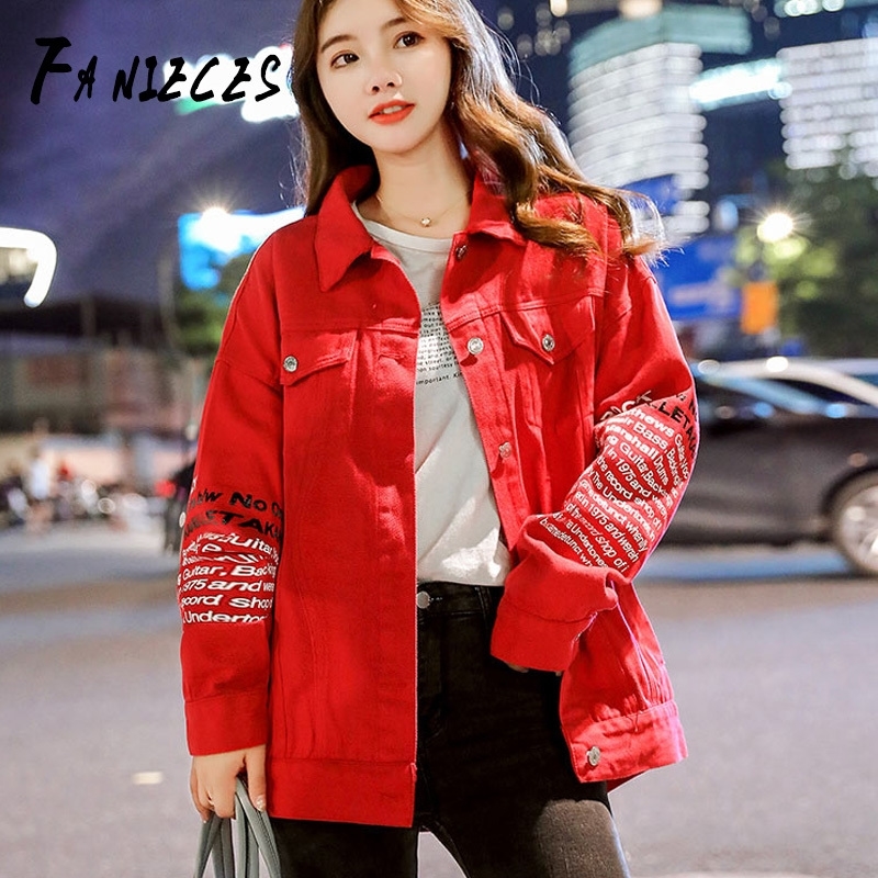 ins women coat autumn red fashion Korean style pocket letter print casual loose denim jackets female mujer bomber jacket 201017