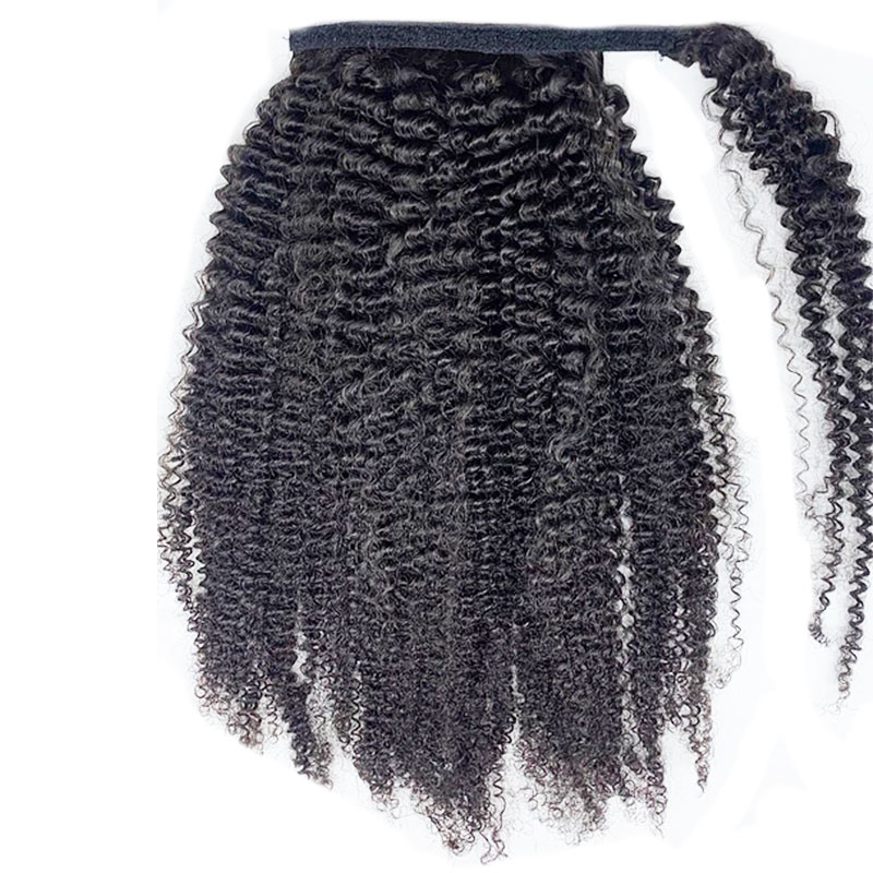 Human Hair Ponytails 4b 4c Afro Kinky Curly Drawstring Wrap Around Ponytail Virgin Human Hair Ponytail 140g natural black 1b