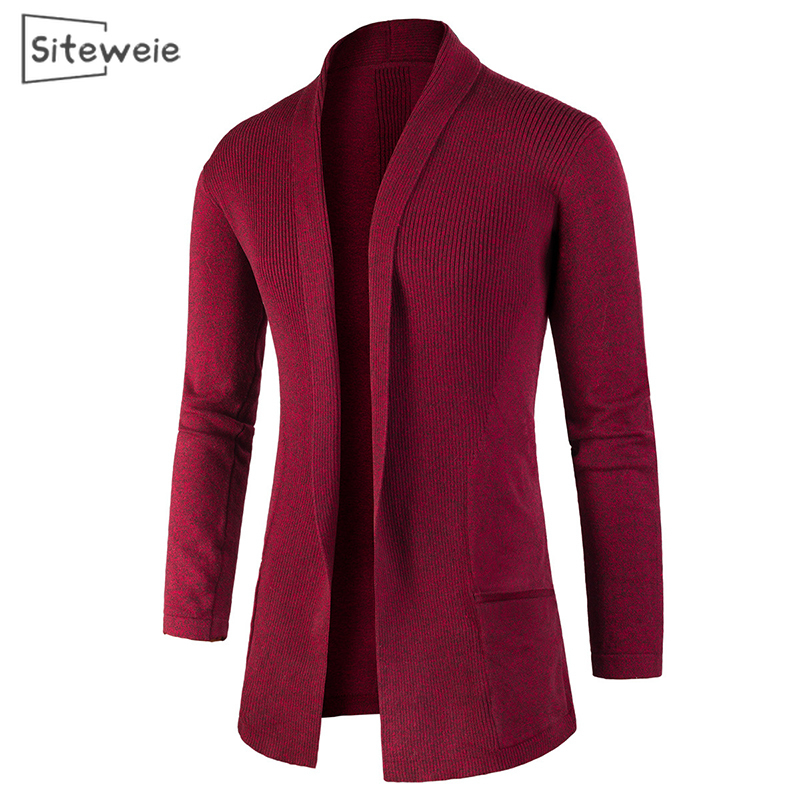 SITEWEIE New Men's Lapel Cardigan Sweater England Style Men Korean Trendy Slim Solid Color Jacket Sweater Long Coat L437 201118