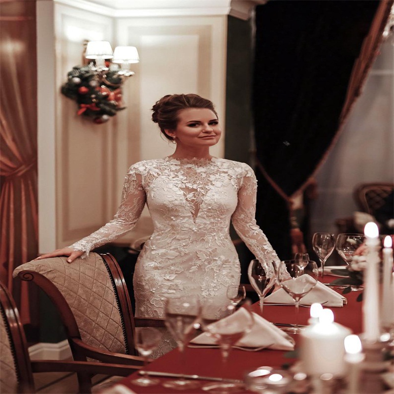 High Neck Mermaid Wedding Dresses Long Sleeves Appliqued Lace Bridal Gowns Sexy Illusion Sweep Train Custom Made Robes De Mariée
