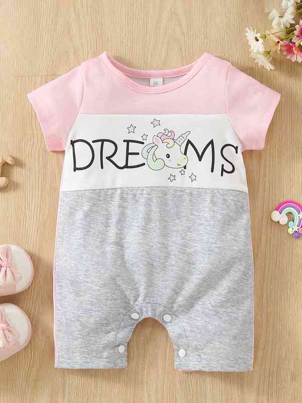 Baby Letter & Unicorn Print Colorblock Romper SHE