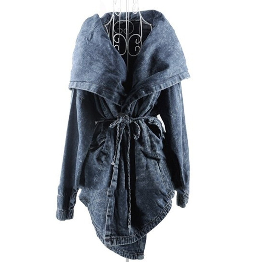 Women's Denim Coat Autumn Spring Warm Hoodie Outerwear Lace Up Hooded Jeans Jackets Long Loose Coats chamarras para hombre##5 201126