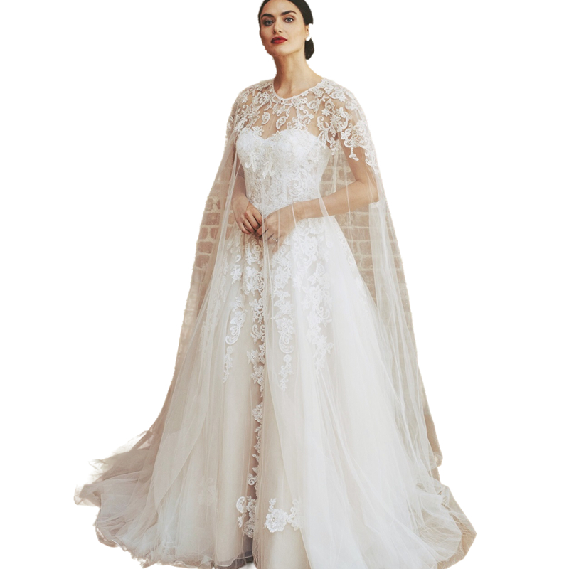 Rustic Country A Line Wedding Dress With Cape Wrap Lace Appliqued Long Tulle Bridal Gowns Strapless Sweetheart Garden Wedding Dresses 2022