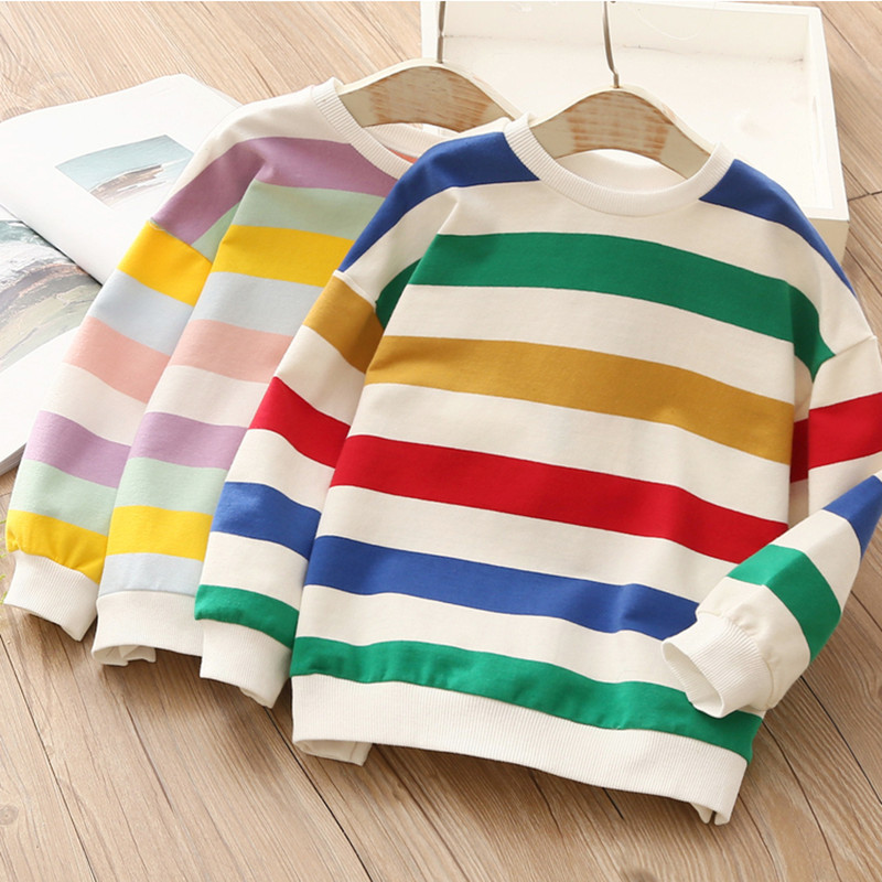 Spring Autumn Fashion 2 3 4 6 7 8 9 10 11 12 Years Children Cotton Colorful Stripe Sweatshirts For Kids Baby Girls 220309