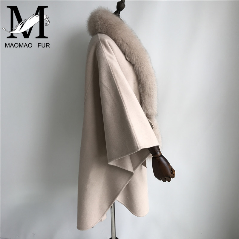 Women Cashmere Coat with Sashes Big Fox Fur Collar Fashion Women's Woolen Jacket Loose Solid Detachable Real Fur Collar Coat 201223