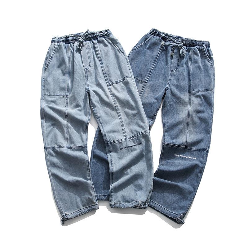 Straight Loose Jeans Men's 2020 New Autumn Loose Falling Trend Stitching Daddy Trousers, Light blue
