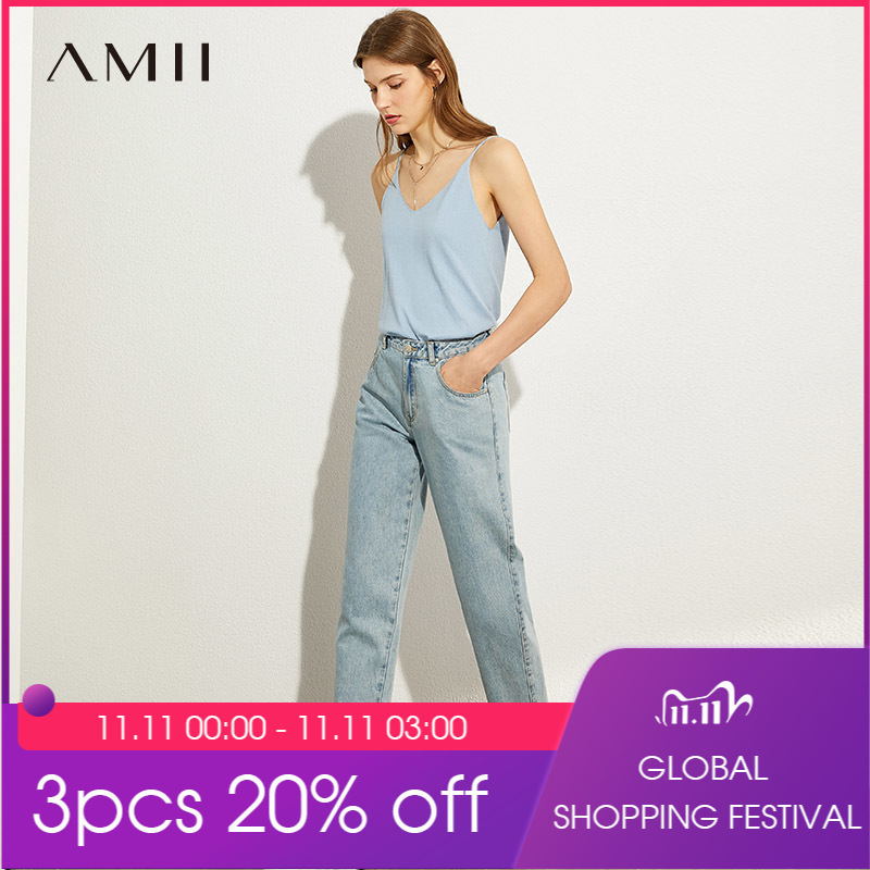 AMII Minimalism Summer Autumn Fashion Basic Women Jeans Causal Cotton High Waist Straight Ankellength Female Jeans 12040693 201105