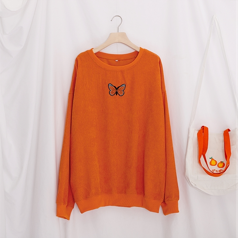 Autumn Printed Long Sleeve Sweatshirt Women Ribbed O-Neck Candy Colors Female Basic Sweatshirts Vintage Loose Lady Pullover LJ201103